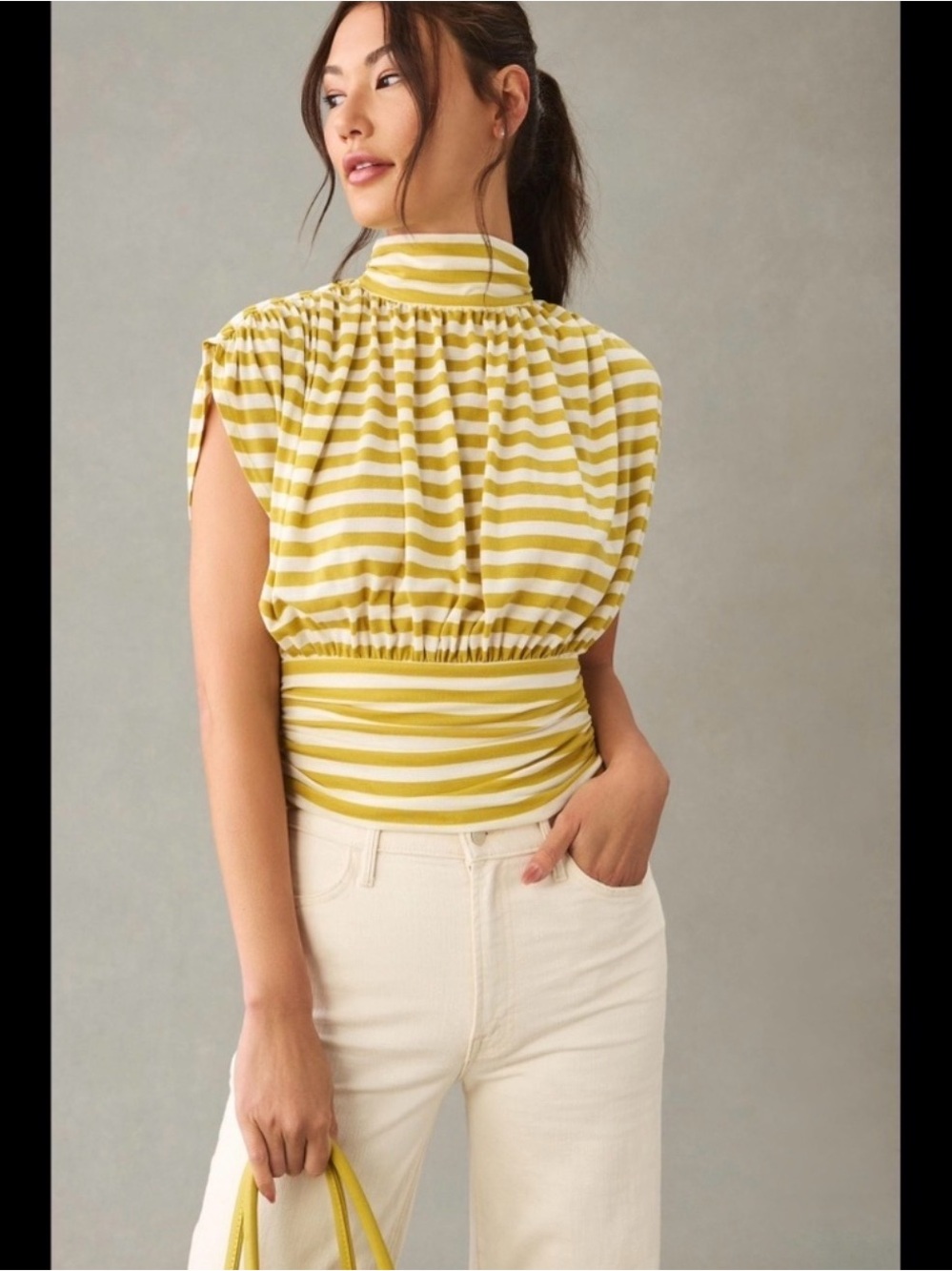 Anthropologie Striped Sleeveless Mock Neck Tunic in Yellow and White